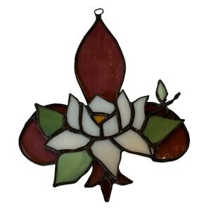 Stained Leaded Glass White Magnolia Lily Flower Sun Catcher Window Decor Signed